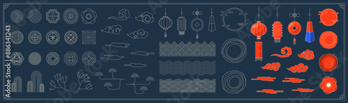 Chinese traditional decoration element set. Korean and Japanese decor pattern and lantern signs. Asian moon flower and cloud symbols. Oriental style folk ornament collection concept for holiday banner