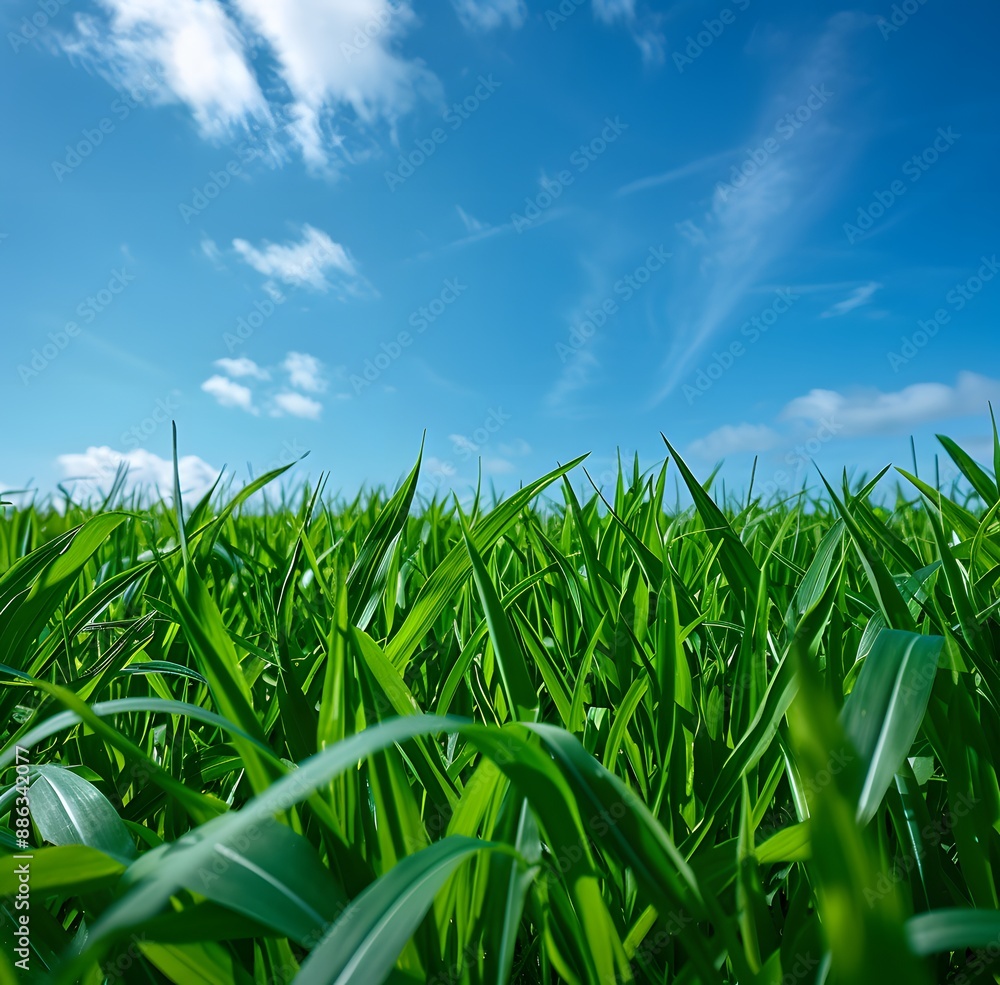 Fototapeta premium Green Grass Field Under Blue Sky