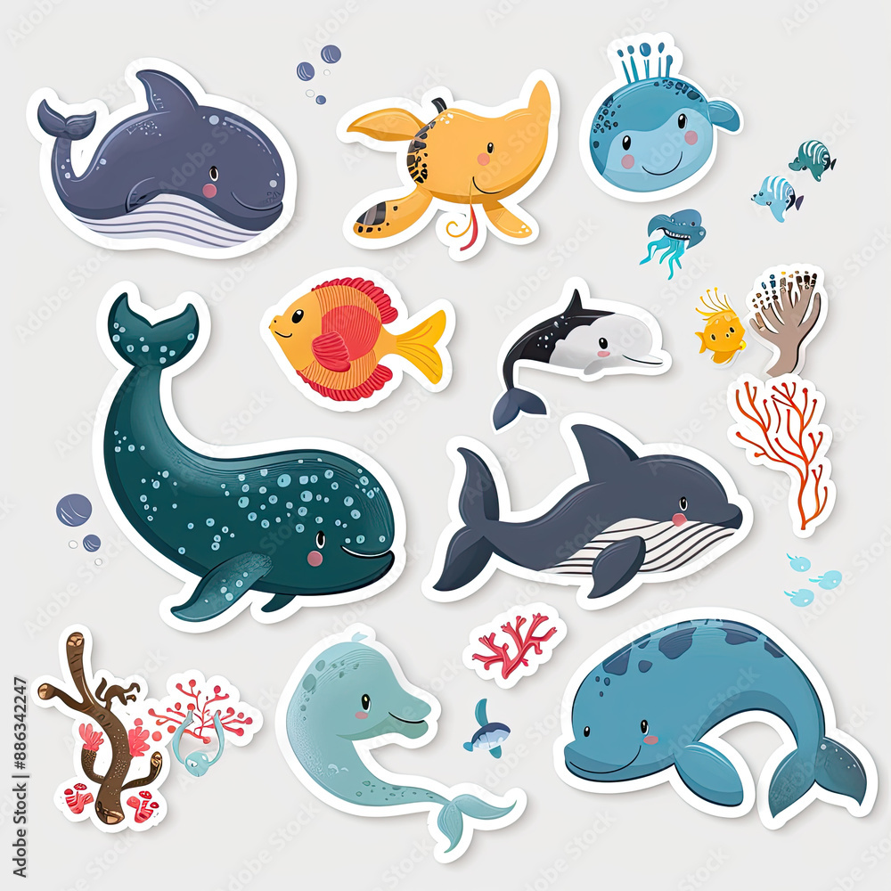 A Set of Sea Animals Stickers. Cute whale, squid, octopus, stingray, jellyfish, fish, crab, seahorse. Underwater life. Fish and wild sea animals isolated on white background. Cartoon style. A Set of Sea Animals Stickers. Cute whale, squid, octopus, stingray, jellyfish, fish, crab, seahorse. Underwater life. Fish and wild sea animals isolated on white background. Cartoon style.