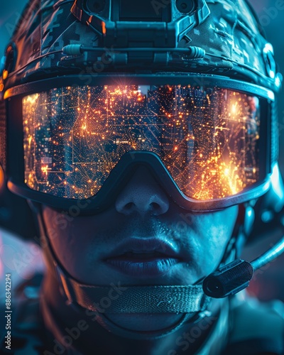 Modern soldier operating drone through first person view glasses for precise control