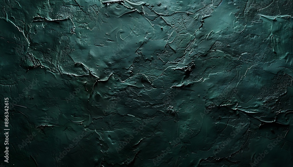 Abstract dark green plaster wall with a unique rough texture, subtly ...