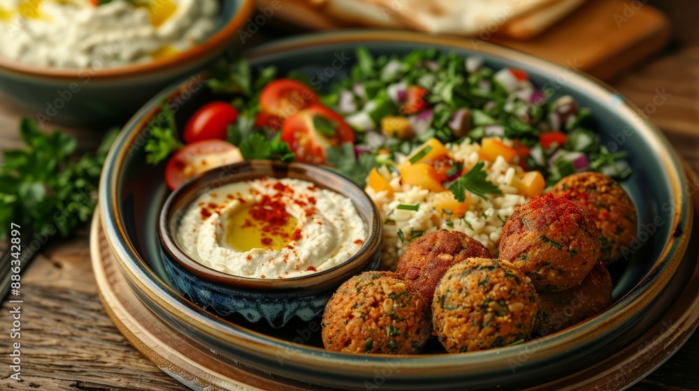 Mediterranean mezze platter with hummus, falafel, olives, pita bread Mediterranean mezze platter with hummus, falafel, olives, pita bread