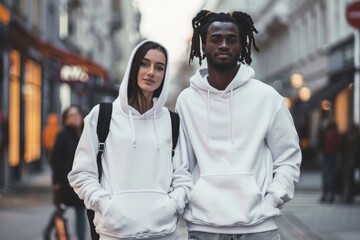 A stylish couple wearing plain white hoodies walk down a city street during the day. The woman wears a backpack and the man has dreadlocks