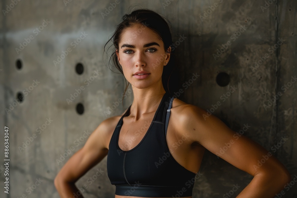 Obraz premium A brunette woman, dressed in a black sports bra, poses with her arms crossed in front of a concrete wall