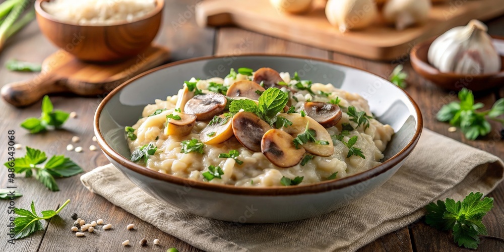 Creamy and savory mushroom risotto topped with parmesan cheese and fresh herbs, mushroom, risotto, Italian, dish, food, delicious Creamy and savory mushroom risotto topped with parmesan cheese and fresh herbs, mushroom, risotto, Italian, dish, food, delicious