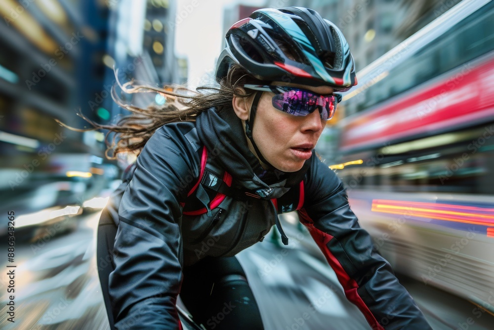A woman on a bicycle commutes through a bustling city during rush hour. Traffic blurs behind her as she navigates the urban landscape A woman on a bicycle commutes through a bustling city during rush hour. Traffic blurs behind her as she navigates the urban landscape