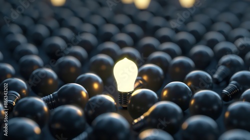 One glowing light bulb stands out from an unlit incandescent light bulb on a black background