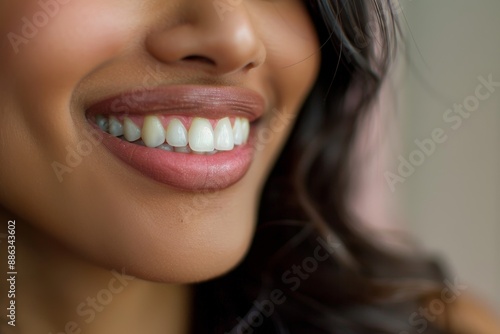 A smiling South Asian woman showcases her radiant smile with clean, white teeth. Her dark hair cascades around her face, framing a warm and inviting expression