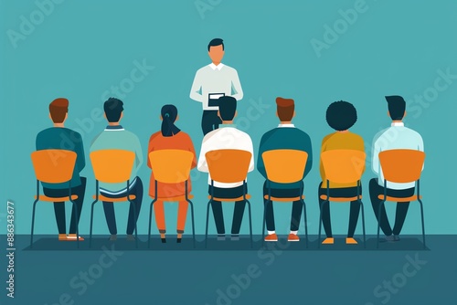 A business professional is giving a presentation to a group of people. The audience is sitting in chairs and facing the speaker. The speaker is standing and holding a tablet.