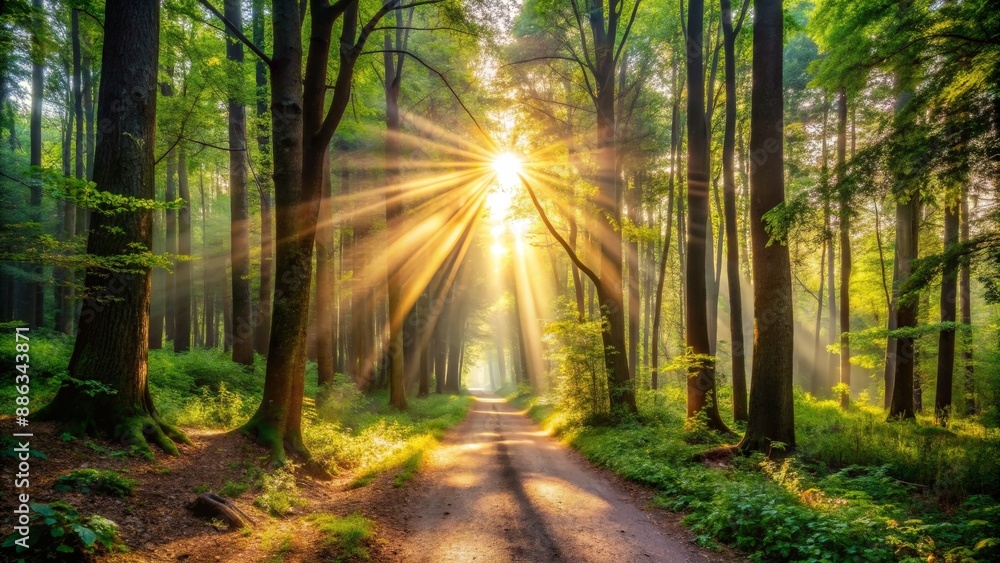 Fototapeta premium Sunlight shining through the trees on a forest trail , nature, sunlight, trees, forest, trail, hiking, outdoors, peaceful