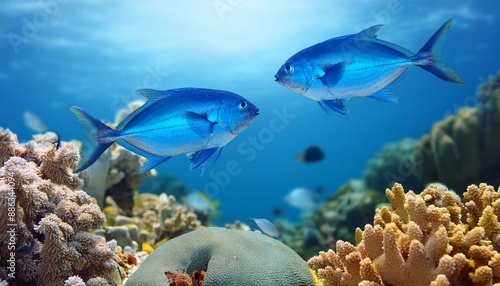 Playful Blue Fish Frolicking Amid Vibrant Coral" "Underwater Ballet: Leaping Blue Fish in a Coral Wonderland"bule fish