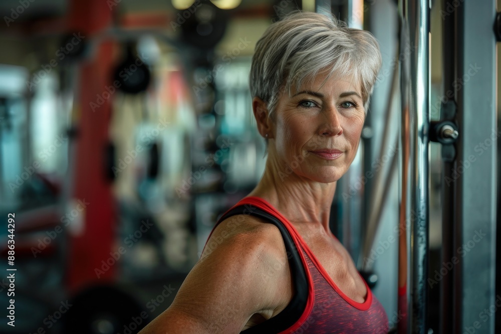 Obraz premium A fit woman in athletic attire poses confidently in a gym, looking directly at the camera