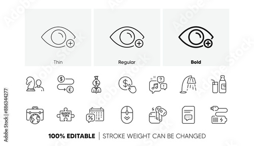 Voicemail, Scroll down and Manager line icons. Pack of Milk, Quick tips, Farsightedness icon. Headset, Discounts calendar, Buy currency pictogram. Battery, Stand lamp, Businessman case. Vector