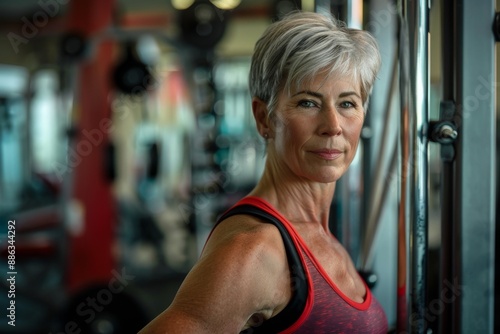 A fit woman in athletic attire poses confidently in a gym, looking directly at the camera photo