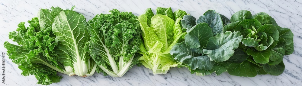 Organic leafy greens, including romaine and collard greens, arranged on a marble countertop, high contrast, photorealistic Organic leafy greens, including romaine and collard greens, arranged on a marble countertop, high contrast, photorealistic