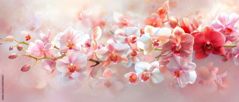 A beautiful cluster of pink and white orchids in full bloom, capturing the delicate and elegant essence of tropical flowers. A beautiful cluster of pink and white orchids in full bloom, capturing the delicate and elegant essence of tropical flowers.