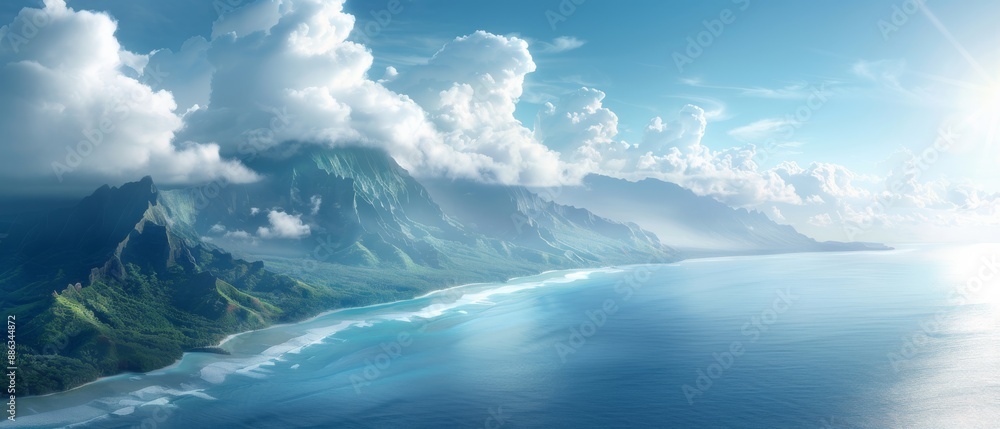 A breathtaking aerial view of a serene coastline with a clear blue sky and lush green mountains in the background. A breathtaking aerial view of a serene coastline with a clear blue sky and lush green mountains in the background.