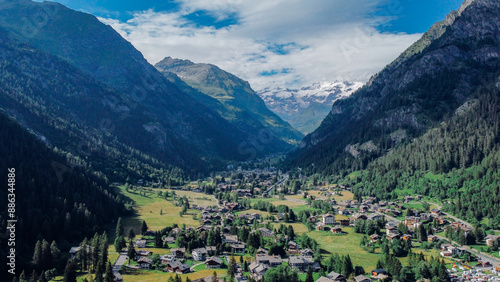 Aerial view of Gressoney Valley, an alpine resort known for the alpine ascents on the Monte Rosa group. photo