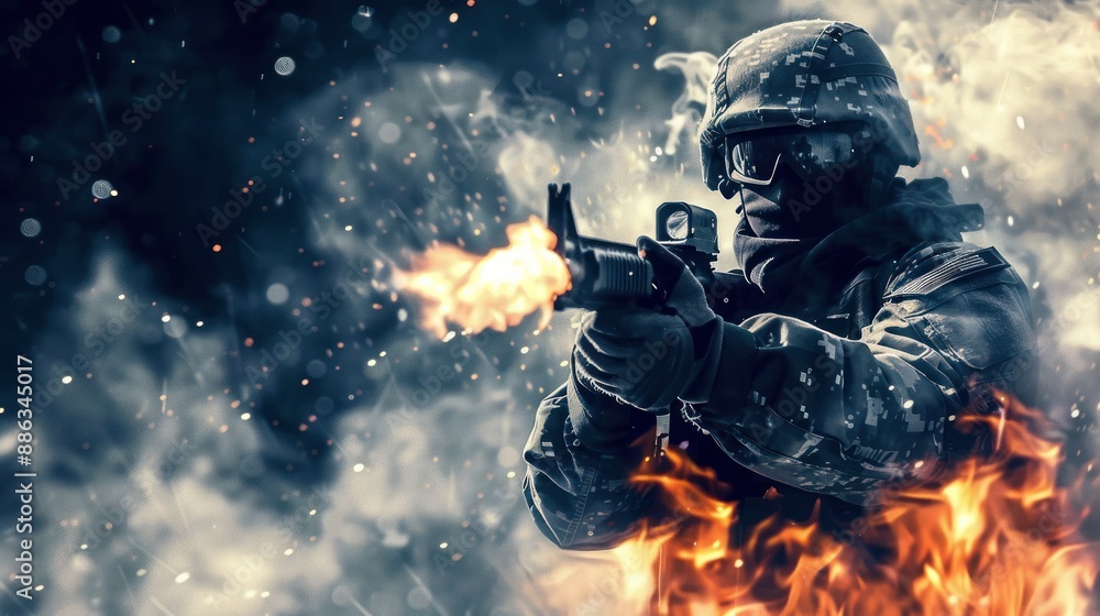 Heavily armored soldier firing weapon amidst flames Heavily armored soldier firing weapon amidst flames