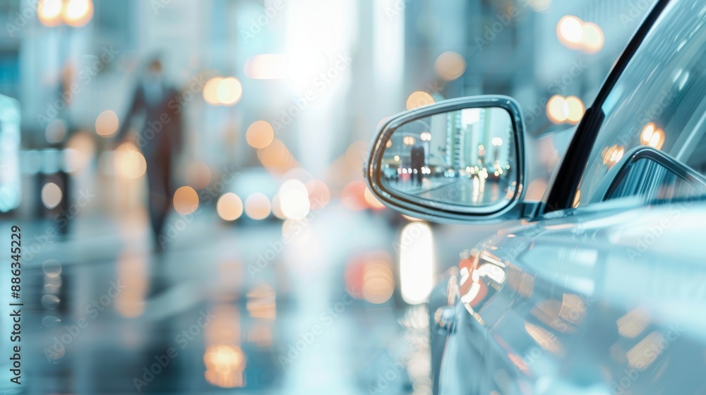 A close-up of a car's side mirror reflecting a cityscape with blurred lights and pedestrians in the background during a rain-soaked evening. A close-up of a car's side mirror reflecting a cityscape with blurred lights and pedestrians in the background during a rain-soaked evening.