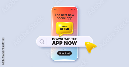 Download the app now. Phone mockup screen. Limited offer tag. Special promo sign. Sale promotion symbol. Phone download app search bar. Limited offer text message. Vector