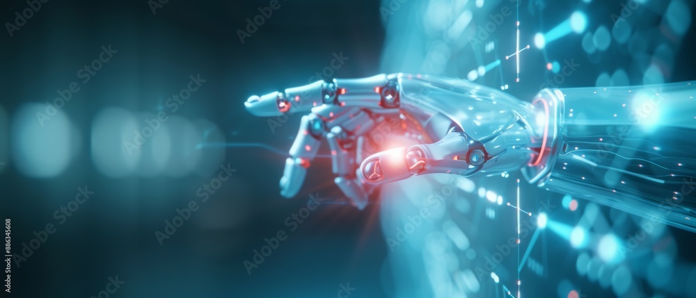 custom made wallpaper toronto digitalA futuristic robotic hand reaching out in a digital environment, symbolizing advanced technology, innovation, and artificial intelligence.