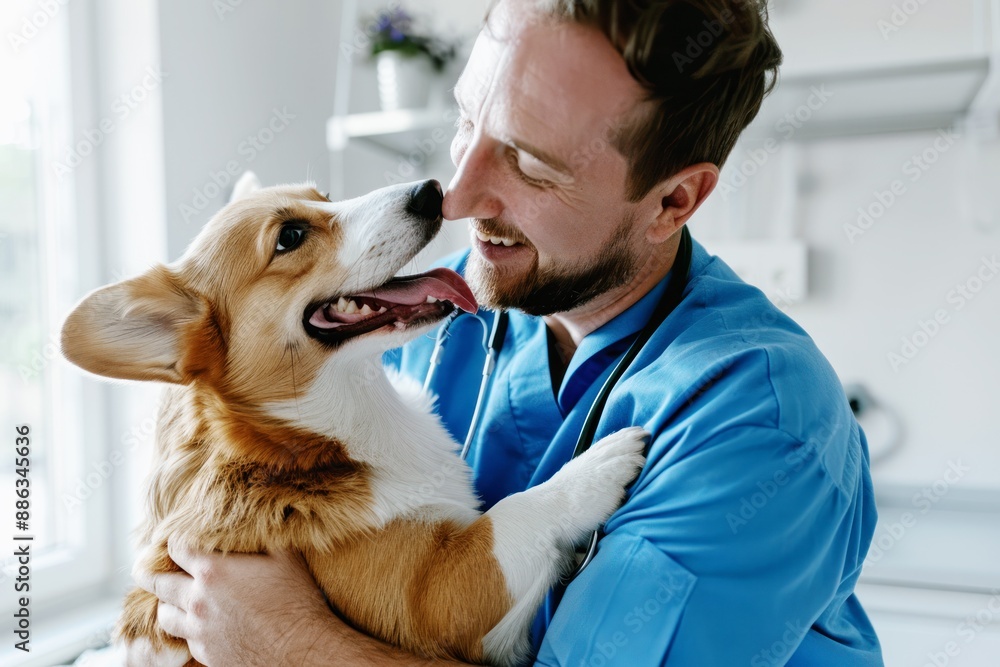 happy veterinarian hugging a corgi dog during a check-up in a veterinary clinic