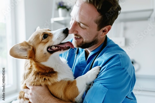 Obraz na płótnie happy veterinarian hugging a corgi dog during a check-up in a veterinary clinic w salonie