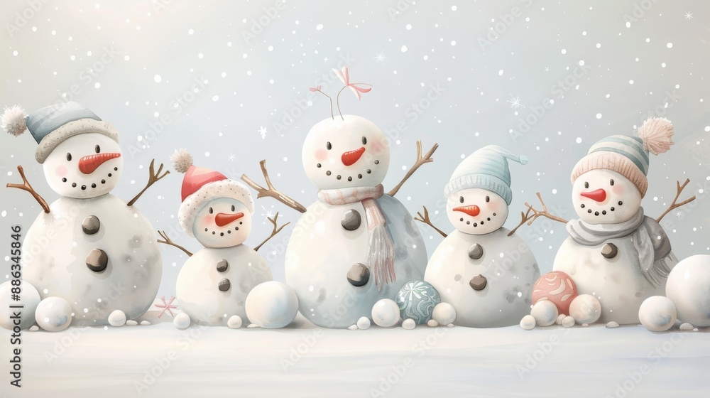 A joyful row of five snowmen wearing hats, scarves, and smiling under falling snowflakes, creating a festive winter scene. A joyful row of five snowmen wearing hats, scarves, and smiling under falling snowflakes, creating a festive winter scene.