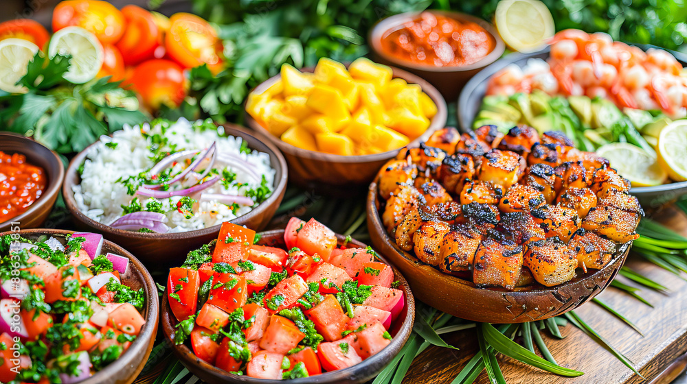 Colorful tropical buffet featuring grilled fish, rice and mango salad Colorful tropical buffet featuring grilled fish, rice and mango salad
