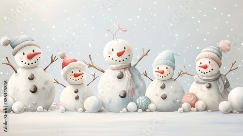 Wallpaper Mural A joyful row of five snowmen wearing hats, scarves, and smiling under falling snowflakes, creating a festive winter scene. Torontodigital.ca