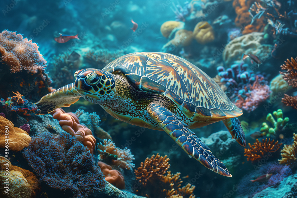 Obraz premium Sea Turtle life underwater with colorful coral reef sea, Maldives Indian Ocean coral reef.