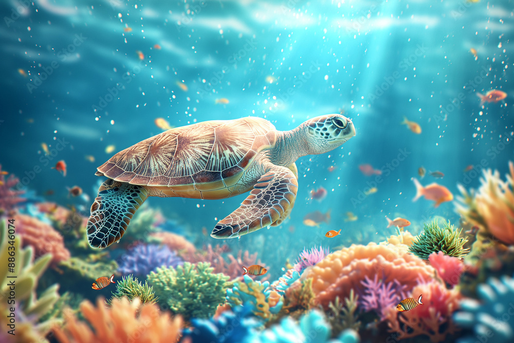 Obraz premium Sea Turtle life underwater with colorful coral reef sea, Maldives Indian Ocean coral reef.