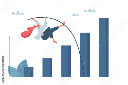 A business growing exponentially, The high success of the organization, Rapid recovery of a company, Financial success concept, Female leader or businesswoman pole vaulting over growth bar graph.
