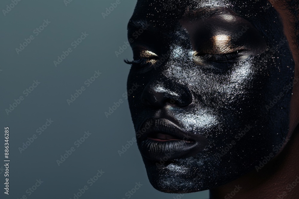 A fashion model poses with intricate metallic makeup on her face, her eyes closed. The background is a neutral gray A fashion model poses with intricate metallic makeup on her face, her eyes closed. The background is a neutral gray