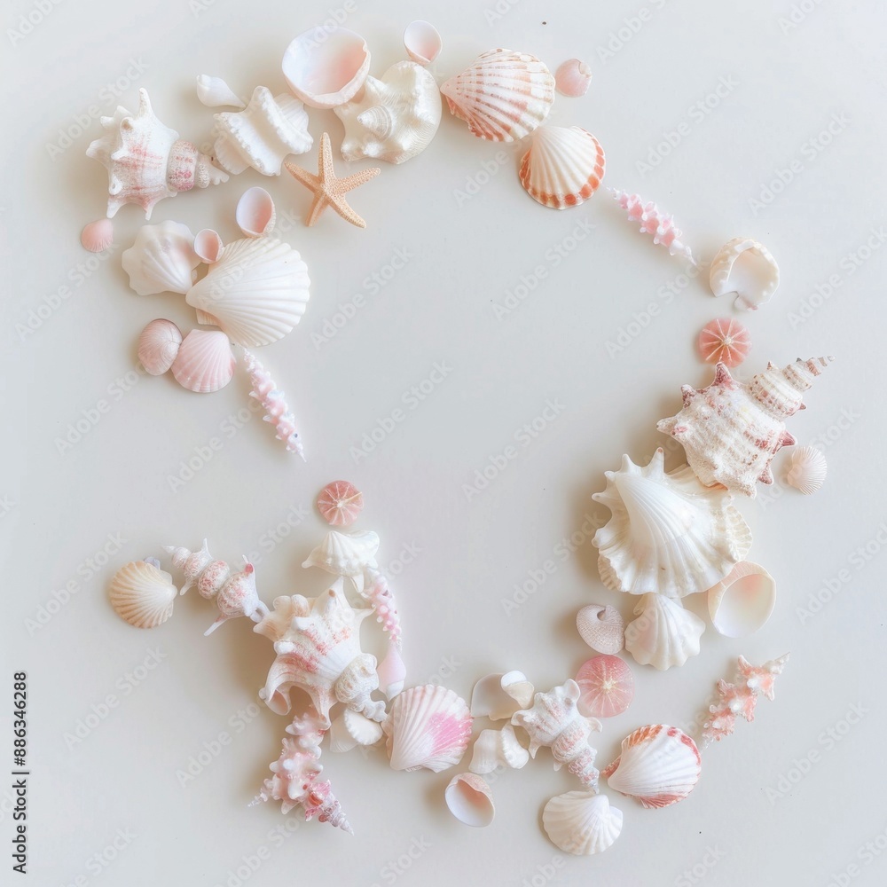 A delicate shell necklace with tiny white and pink seashells, artistically arranged in a circular pattern, isolated on a white background A delicate shell necklace with tiny white and pink seashells, artistically arranged in a circular pattern, isolated on a white background