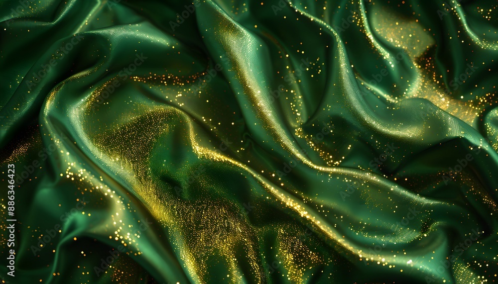 Green Shiny Fabric With Golden Glitter - Top View Green Shiny Fabric With Golden Glitter - Top View