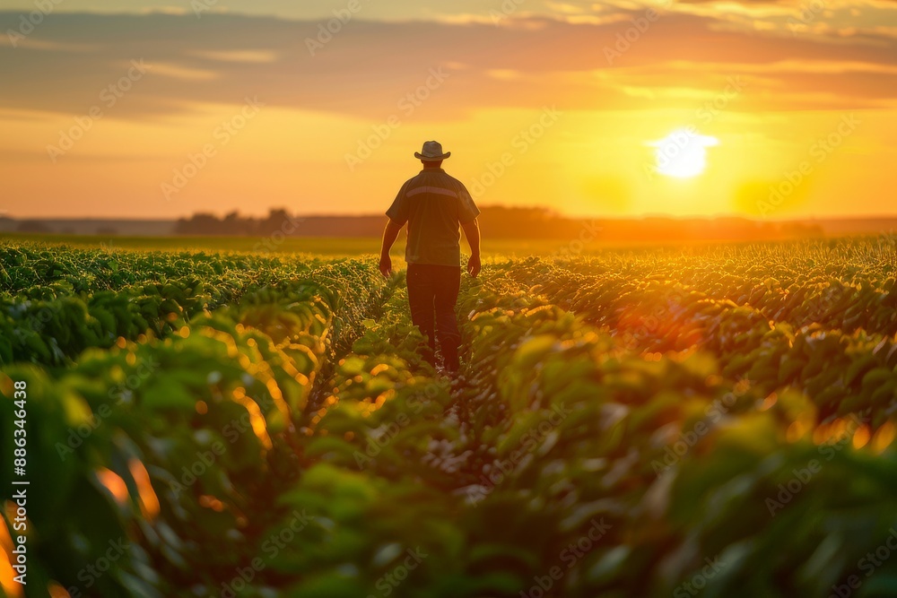 Fototapeta premium A farmer wearing a hat walks through a field of green crops at sunrise