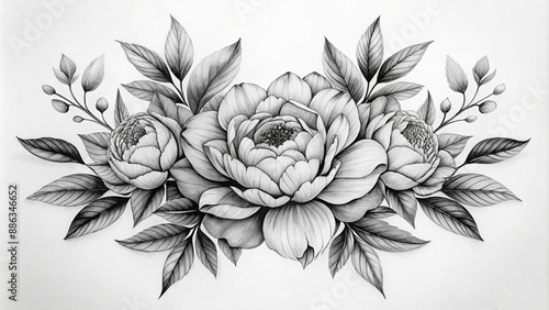 Contemporary flower tattoo design with black and white peony. Capture the intricate details of each petal and leaf against a clean white background