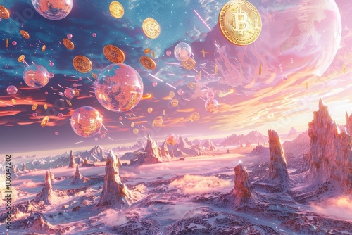 A painting showing a snowy landscape with bitcoins floating in the air, Depict a futuristic landscape filled with digital coins floating in the sky photo