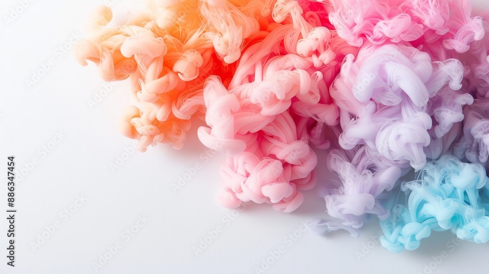 Fototapeta premium Abstract colorful cloud, vibrant pastel shades blending in a fluid motion over a white background. Perfect for creative and artistic designs.