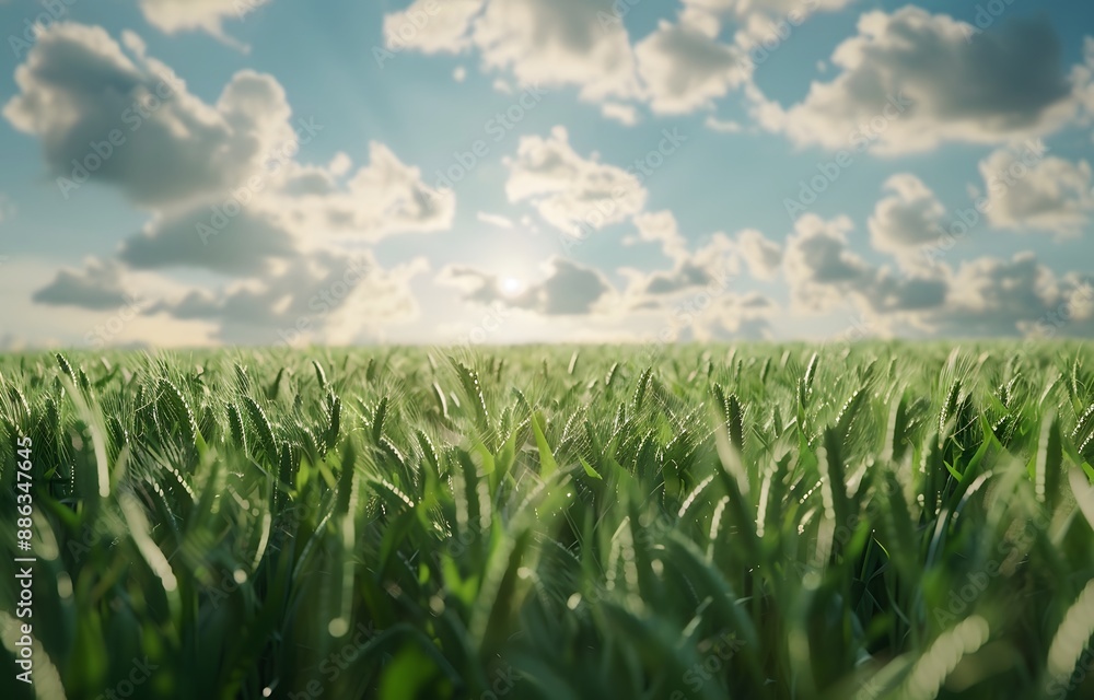 Green Wheat Field Landscape with Cloudy Sky Green Wheat Field Landscape with Cloudy Sky