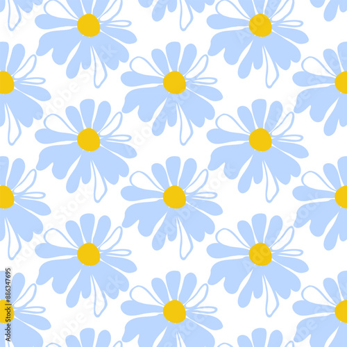 Spring seamless pattern rows blue meadow daisies white Summer template Blooming wildflower ditsy ornament wrapping fabric wallpaper textile mosaic vector