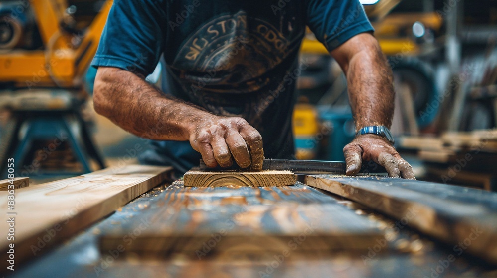 A carpenter works on a wooden plank with a hand plane in a workshop, sawdust and wood shavings scattered around A carpenter works on a wooden plank with a hand plane in a workshop, sawdust and wood shavings scattered around