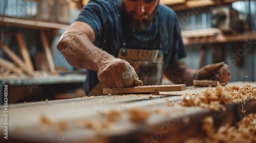 A carpenter sands a piece of wood with a power sander, creating sawdust on a workbench in a cluttered workshop