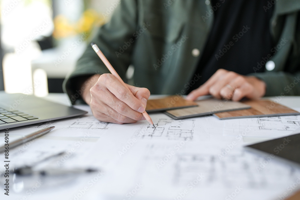 Fototapeta premium Architecture interior Asianman Creative project plan&nbsp;designer home and Choose interior materials drawing interior on blueprint.