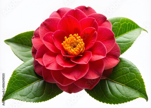 Delicate Middlemist's Red Camellia flower with ruffled petals and bright yellow center, surrounded by lush green leaves, isolated on a transparent background.