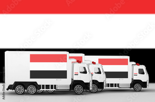 Yemen flag depicted on side wall of white delivery van close up. Shipping and local delivery concept