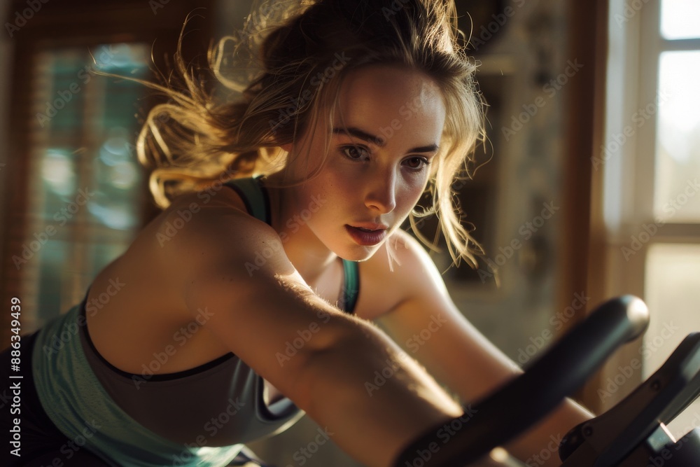 A young woman with blonde hair, wearing a sports bra, is engaged in an intense indoor cycling workout. She's focused on the task at hand, pushing herself to reach her fitness goals A young woman with blonde hair, wearing a sports bra, is engaged in an intense indoor cycling workout. She's focused on the task at hand, pushing herself to reach her fitness goals
