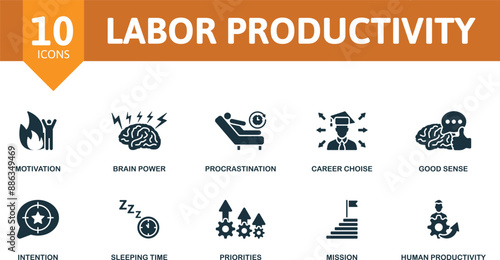 Labor Productivity icon set. Motivation, Brain Power, Procrastination, Career Choise, Good Sense, Intention, Sleeping Time, Priorities, Mission, Human Productivity icons.